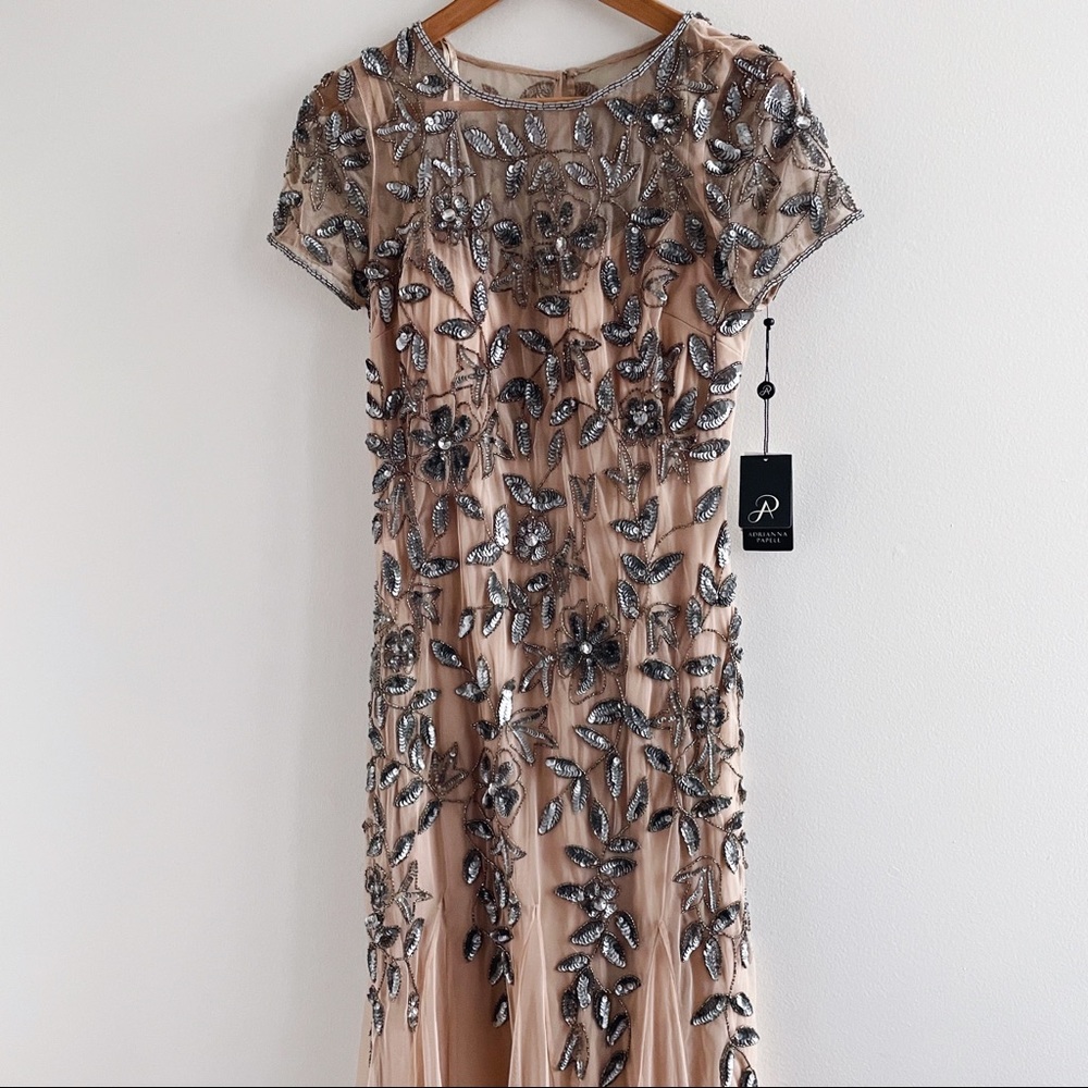 Adrianna Papell Pink Silver Floral Beaded Godet Gown 4